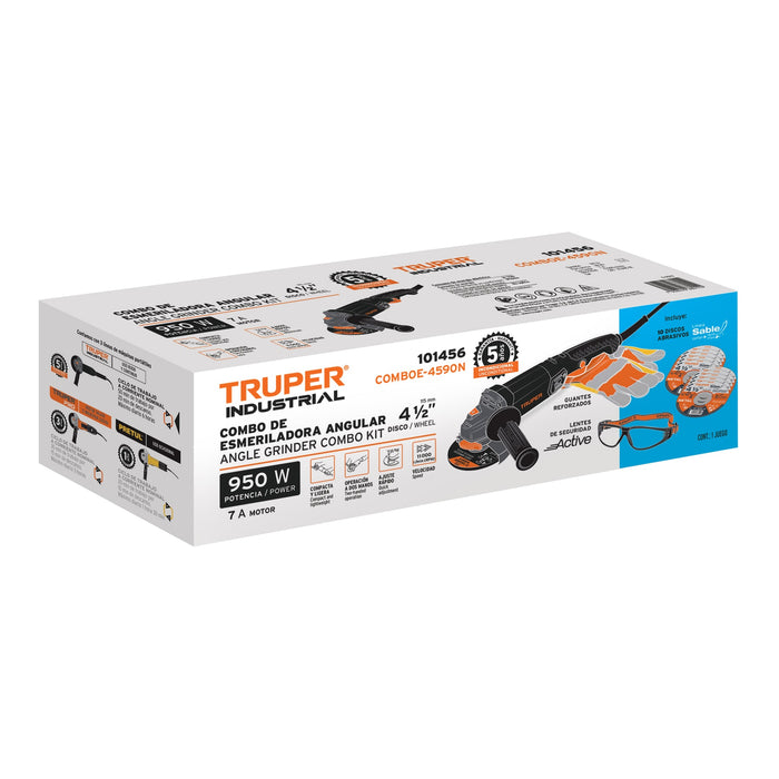 Esmeriladora 4-1/2' 950 W, discos, lentes y guantes, Truper 101456 COMBOE-4590N