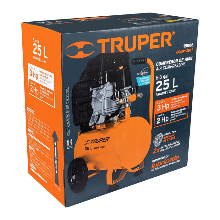 Compresor de aire, lubricado, horizontal 25L 3HP 127V Truper 15006 COMP-25LT
