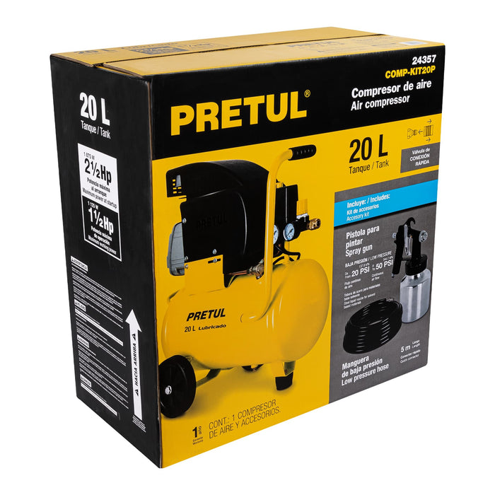 Kit Compresor de aire 20L 2½HP, manguera y pistola, Pretul 24357 COMP-KIT20P