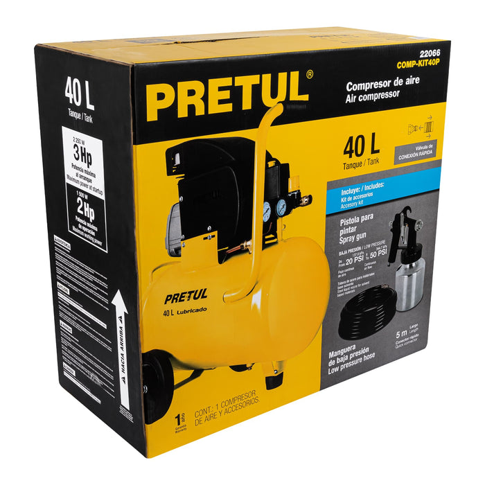 Kit Compresor de aire 40L 3HP, manguera y pistola, Pretul 22066 COMP-KIT40P