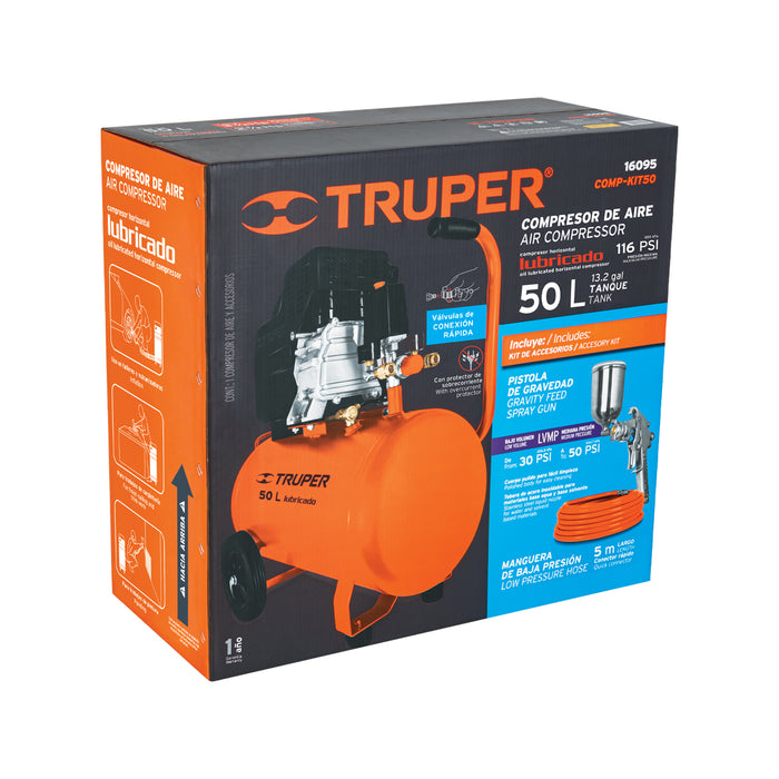 Kit Compresor de aire 50L 3½HP, manguera y pistola, Truper 16095 COMP-KIT50