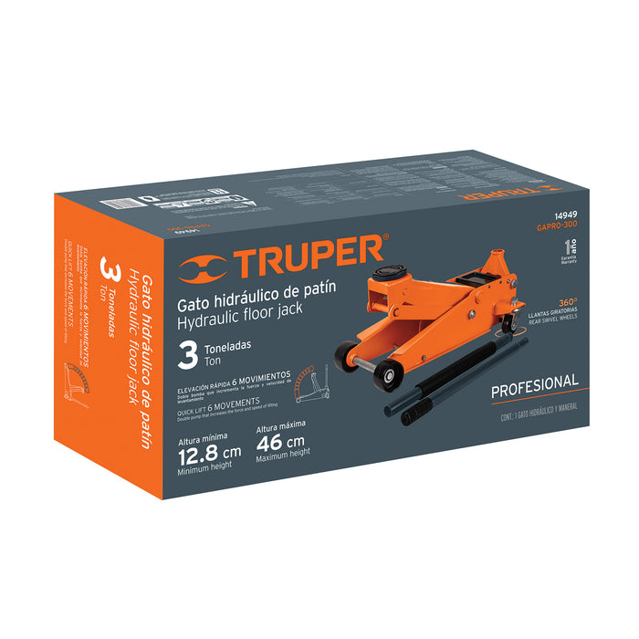 Gato hidráulico de patín 3t profesional, elev rápida, Truper 14949 GAPRO-300