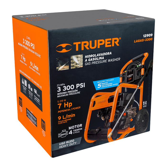 Hidrolavadora con motor a gasolina, 3,300 PSI, Truper 12909 LAGAS-3300