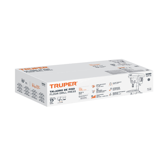 Taladro de piso 15', 1 HP (750 W), broquero 5/8', Truper 16180 TAPI-15