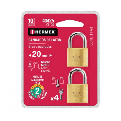 Blíster con 2 candados de latón de 20mm con gancho corto 43425 CL-20
