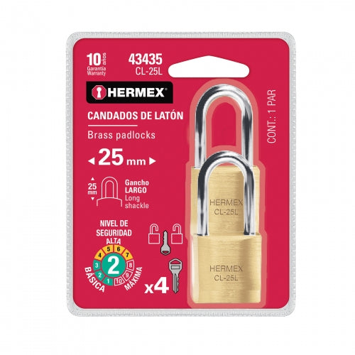 Blíster con 2 candados de latón de 25mm con gancho largo 43435 CL-25L