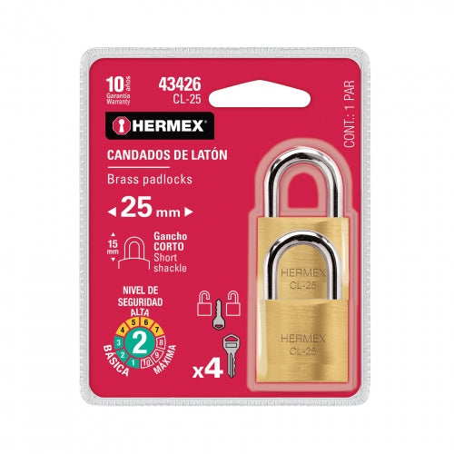 Blíster con 2 candados de latón de 25mm con gancho corto 43426 CL-25
