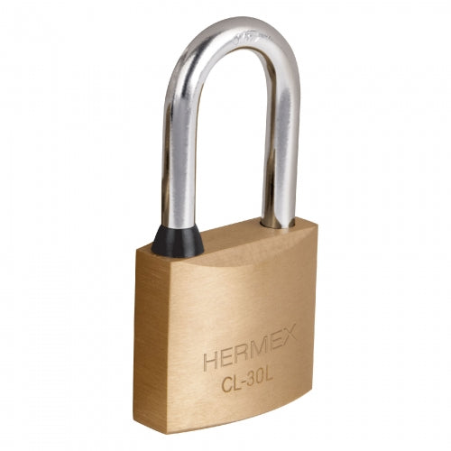 Candado de latón 30 mm gancho largo en blíster, Hermex 43436 CL-30L