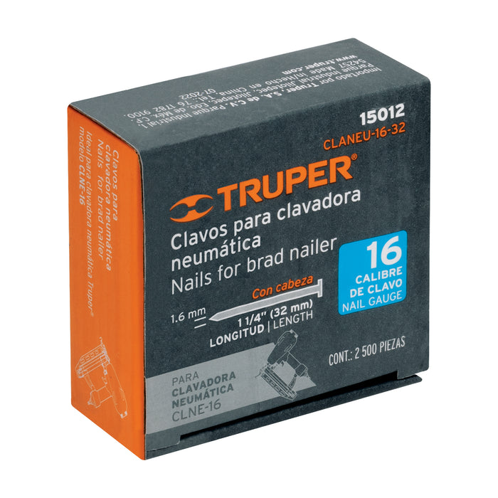 Caja con 2500 clavos calibre 16, 32 mm para CLNE-16, Truper 15012 CLANEU-16-32