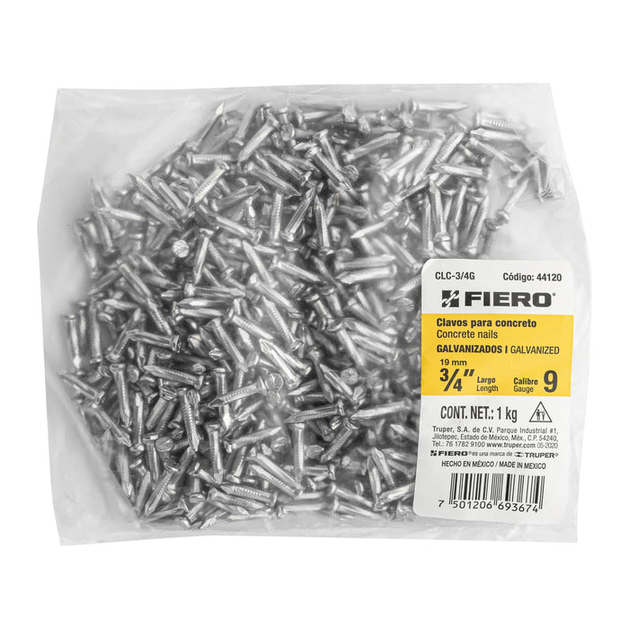 Bolsa con 1 kg de clavos para concreto galvanizados 3/4' Código: 44120