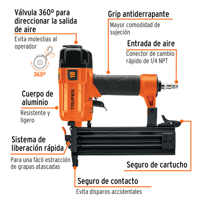 Clavadora neumática profesional, calibre 18, Truper 13180 CLNE-18