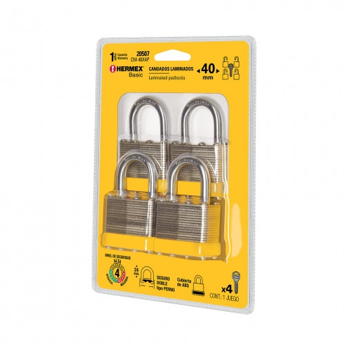 Juego de 4 candados cuerpo laminado, 40 mm, Hermex Basic 20507 CM-40X4P