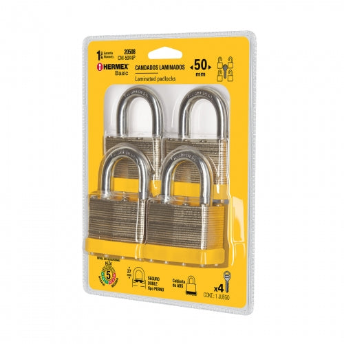 Juego de 4 candados cuerpo laminado, 50 mm, Hermex Basic 20508 CM-50X4P