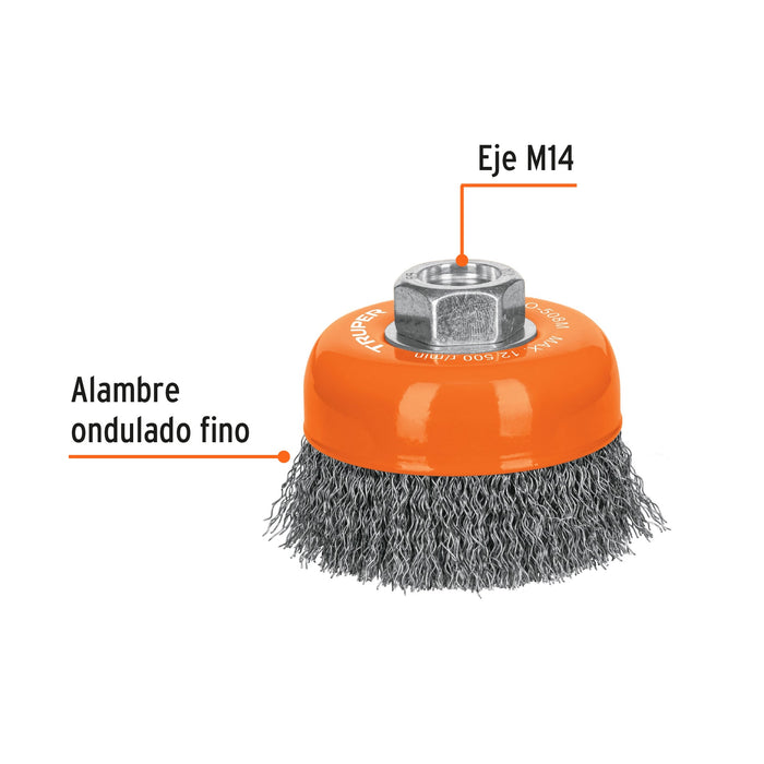 Carda copa 3' alambre ondulado fino, eje M14, Truper 14180 CO-508M