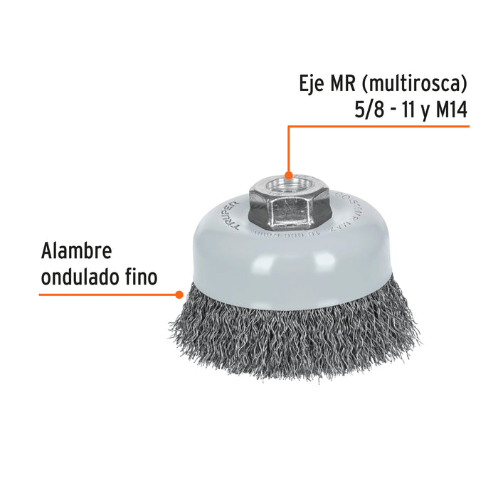 Carda copa 4' alambre ondulado fino, Multi-rosca, Truper 100858 CO-510MR