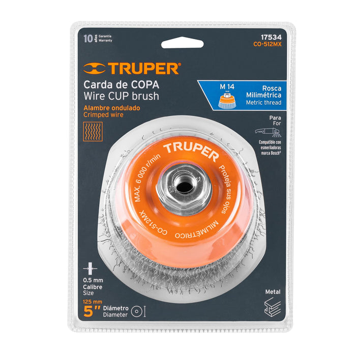 Carda copa 5' alambre ondulado grueso, eje M14, Truper 17534 CO-512MX
