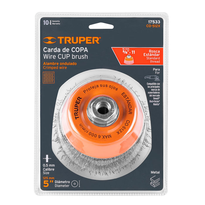 Carda copa 5' alambre ondulado grueso, eje 5/8'-11, Truper 17533 CO-512X