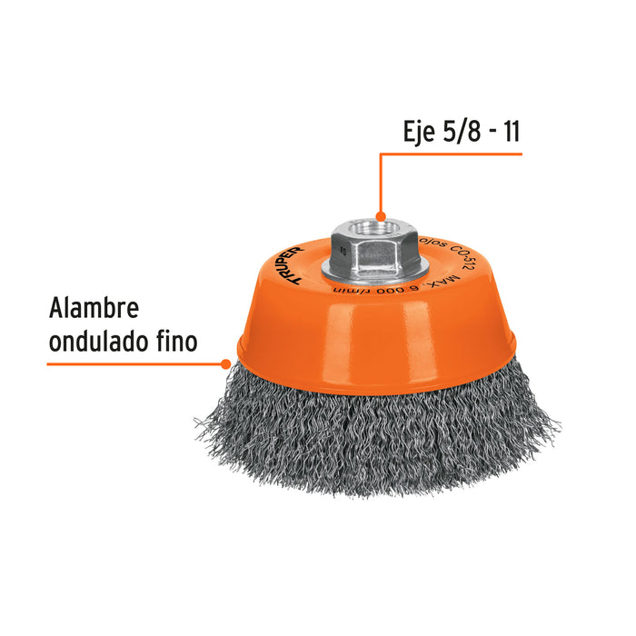 Carda copa 5' alambre ondulado fino, eje 5/8'-11, Truper 11535 CO-512