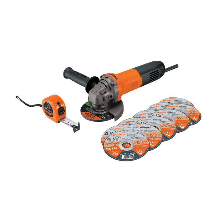 Esmeriladora 4-1/2' 700 W, 10 discos y flexómetro, Truper Código: 101526