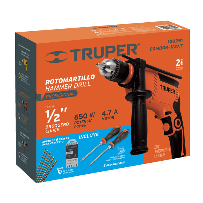 Rotomartillo 1/2' 650 W, 6 brocas y 2 desarmadores, Truper Código: 100291