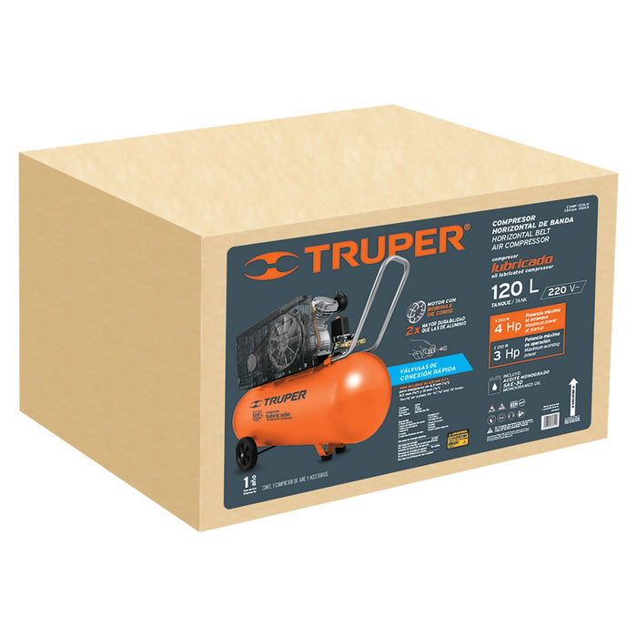 Compresor de aire,con banda,horizontal 120L 4HP, 220V Truper 19359 COMP-120LH