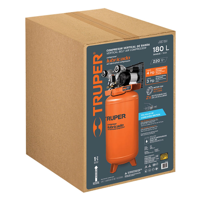 Compresor de aire, con banda, vertical 180L 4HP, 220V Truper 15657 COMP-180LV
