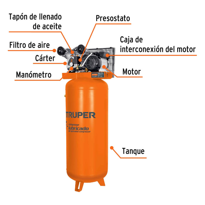 Compresor de aire, con banda, vertical 240L 4HP, 220V Truper 19366 COMP-240LV
