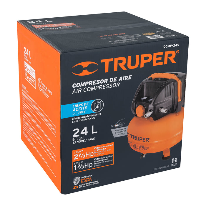 Compresor libre de aceite compacto 24L, 2-2/3HP 127V Truper 13830 COMP-24S
