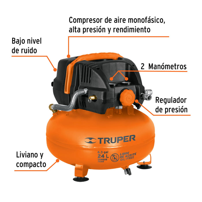 Compresor libre de aceite compacto 24L, 2-2/3HP 127V Truper 13830 COMP-24S