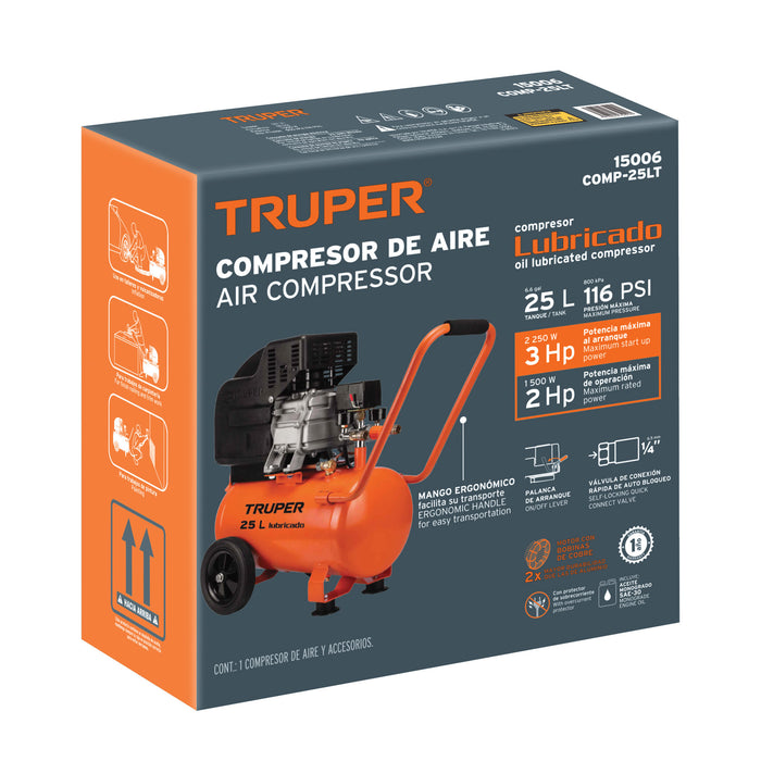 Compresor de aire, lubricado, horizontal 25L 3HP 127V Truper 15006 COMP-25LT