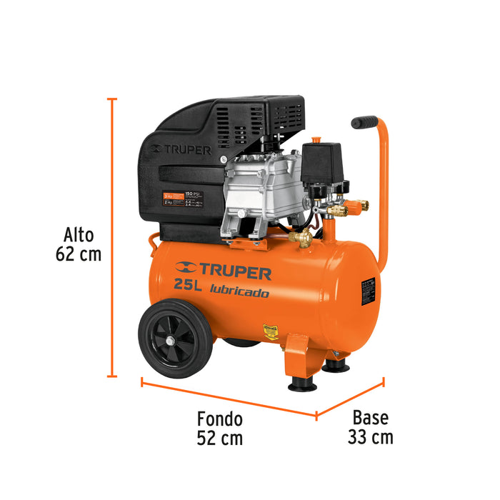 Compresor de aire, lubricado, horizontal 25L 3HP 127V Truper 15006 COMP-25LT