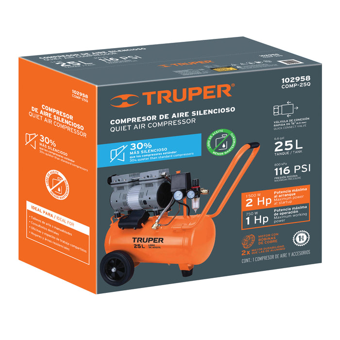 Compresor de aire, silencioso libre de aceite, 25 L, 2 HP 102958 COMP-25Q