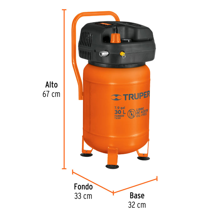 Compresor libre de aceite compacto 30L, 3HP 127V Truper 13836 COMP-30S