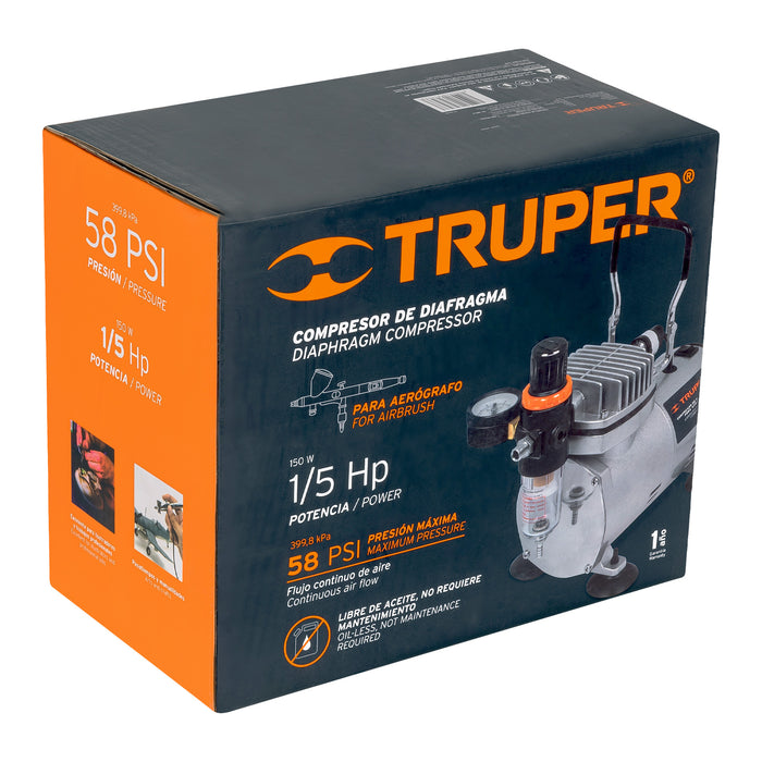 Compresor de diafragma para aerógrafo, 1/5 HP, 110 V, Truper 17247 COMP-AERO