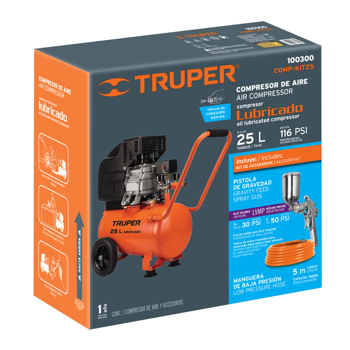 Kit Compresor de aire 25L 3HP, manguera y pistola, Truper 100300 COMP-KIT25