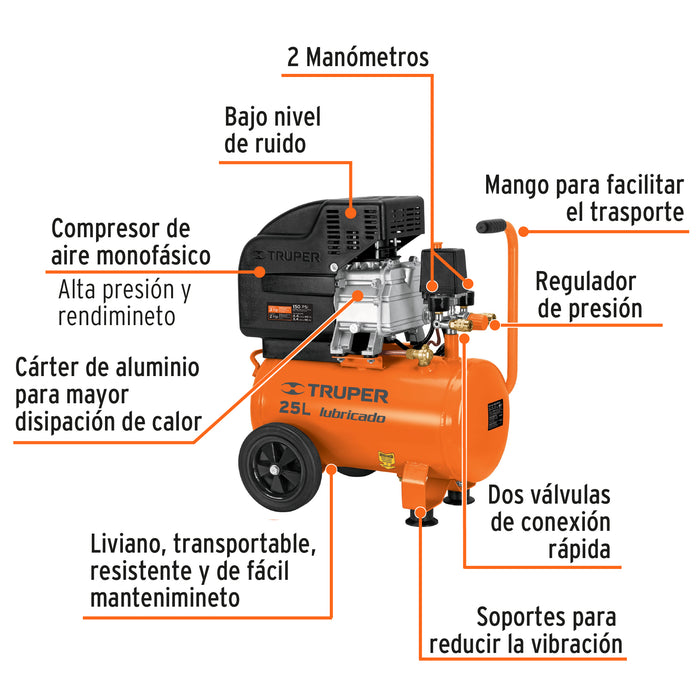 Kit Compresor de aire 25L 3HP, manguera y pistola, Truper 100300 COMP-KIT25