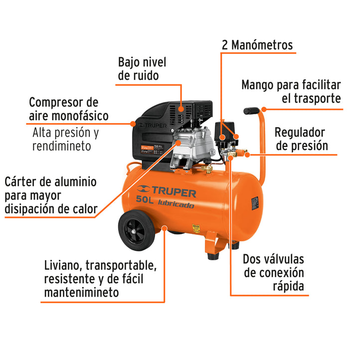 Kit Compresor de aire 50L 3½HP, manguera y pistola, Truper 16095 COMP-KIT50