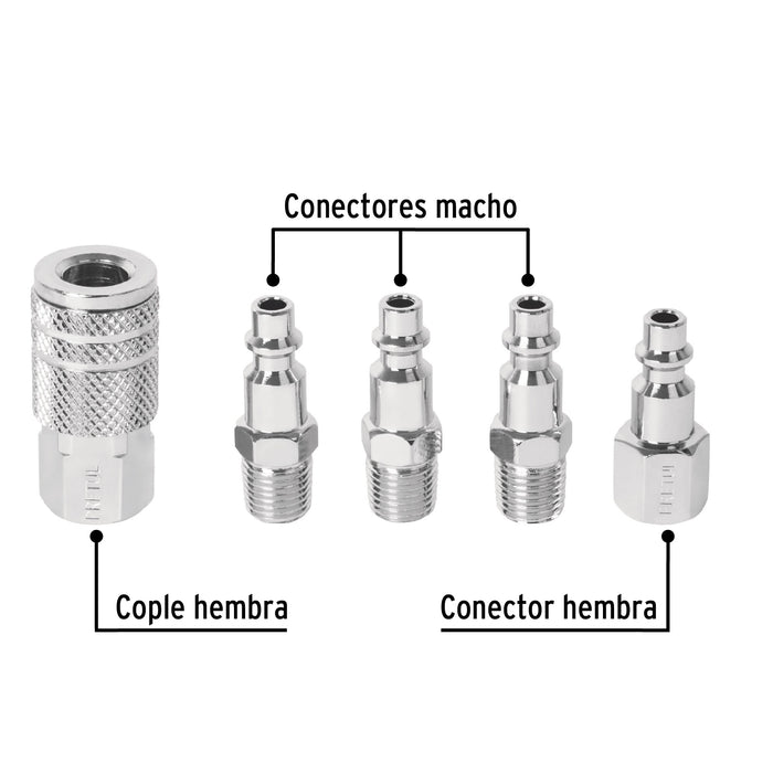 Juego de 4 conectores y 1 cople para compresor, Pretul 27021 CORAL-5P