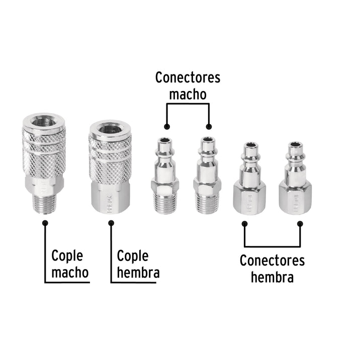 Juego de 4 conectores y 2 coples, compresor de aire, Pretul 27030 CORAL-6P