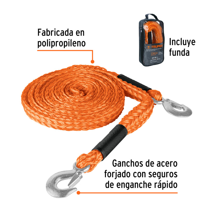 Cuerda con ganchos para remolque, 27 mm x 4.5 m, Truper Código: 18346