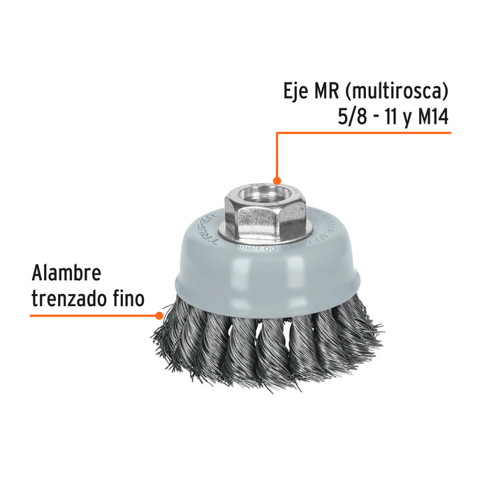 Carda copa 3' alambre trenzado fino, Multi-rosca, Truper 100851 CT-608MR