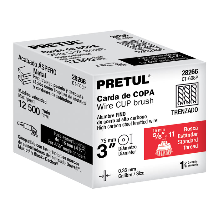 Carda copa 3' alambre trenzado fino, eje 5/8'-11, Pretul 28266 CT-608P
