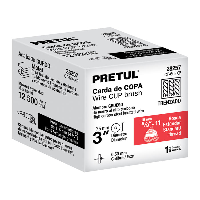 Carda copa 3' alambre trenzado grueso, eje 5/8'-11, Pretul 28257 CT-608XP