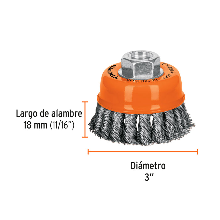 Carda copa 3' alambre trenzado grueso, eje 5/8'-11, Truper 17529 CT-608X