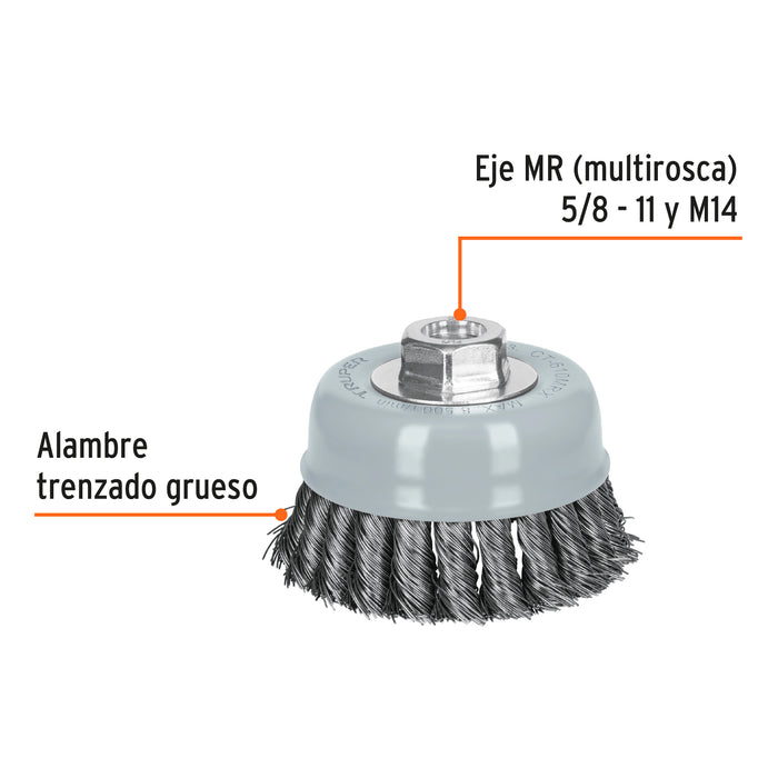 Carda copa 4' alambre trenzado grueso, Multi-rosca, Truper 100855 CT-610MRX