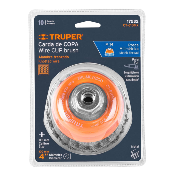 Carda copa 4' alambre trenzado grueso, eje M14, Truper 17532 CT-610MX