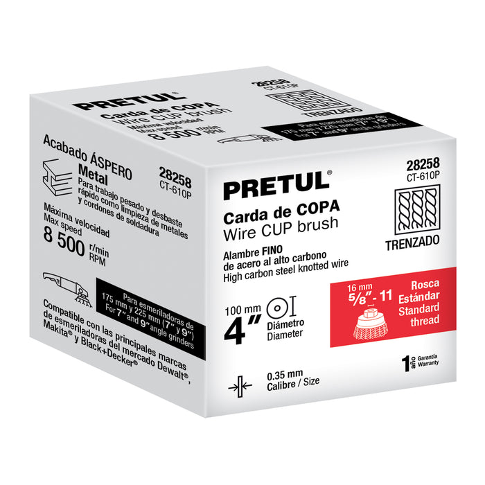 Carda copa 4' alambre trenzado fino, eje 5/8'-11, Pretul 28258 CT-610P
