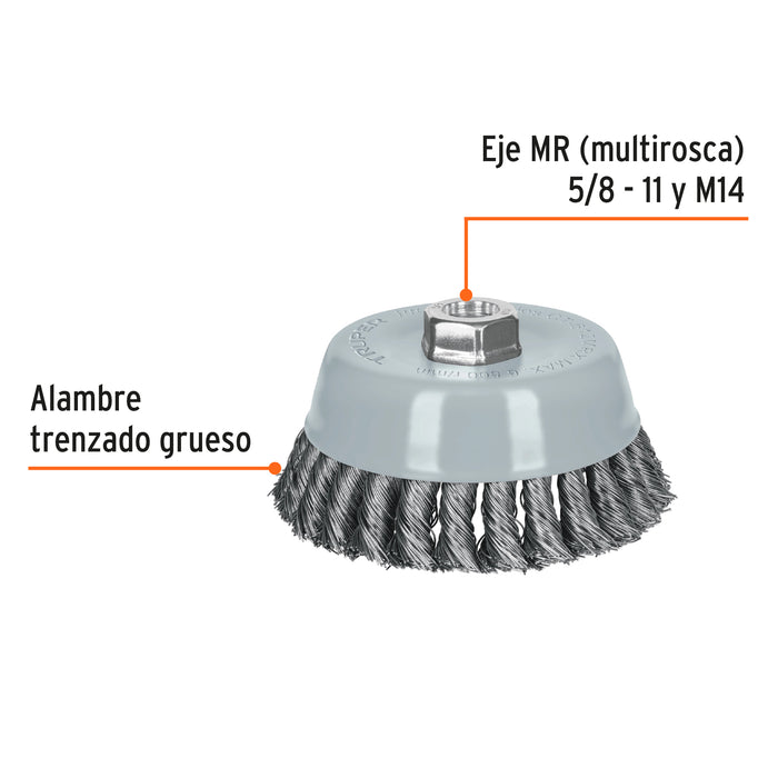 Carda copa 5' alambre trenzado grueso, Multi-rosca, Truper 100856 CT-612MRX