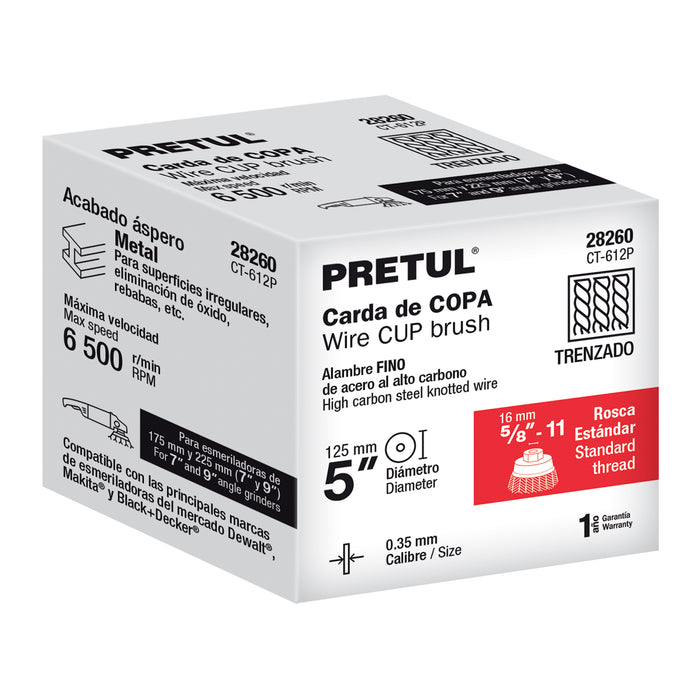 Carda copa 5' alambre trenzado fino, eje 5/8'-11, Pretul 28260 CT-612P