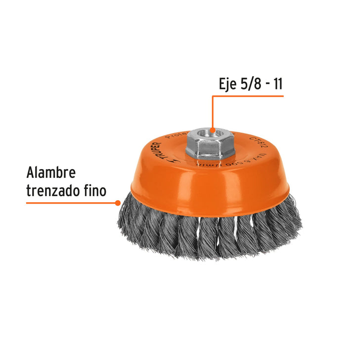 Carda copa 5' alambre trenzado fino, eje 5/8'-11, Truper 11541 CT-612